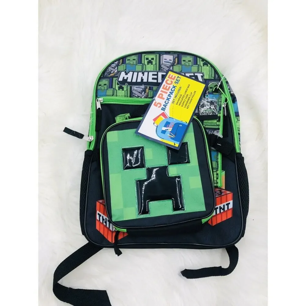 Minecraft 5 Piece Backpack Set‎ Creeper Face Insulated Lunch Bag Keychain Puller